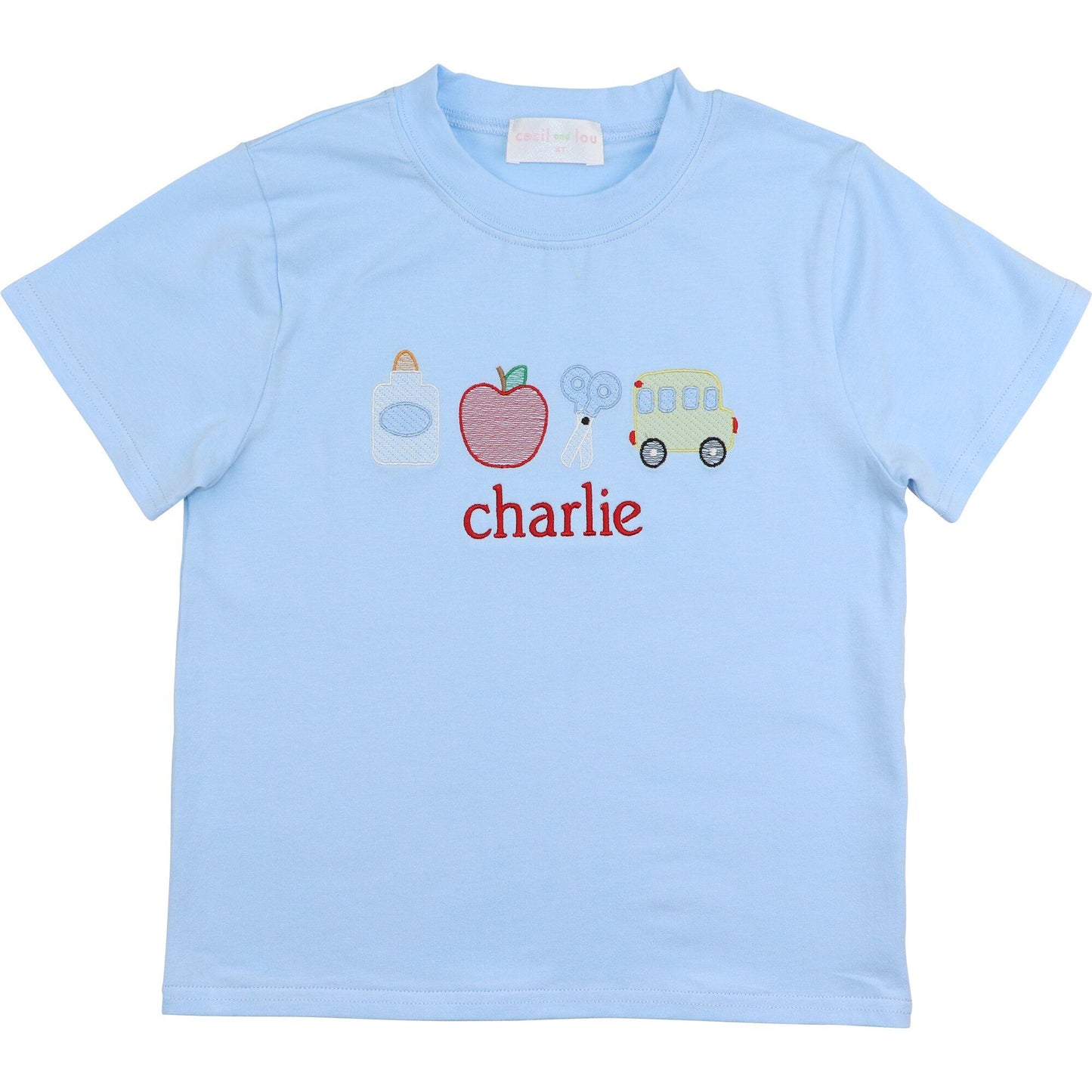 Blue Embroidered Back To School Knit Shirt