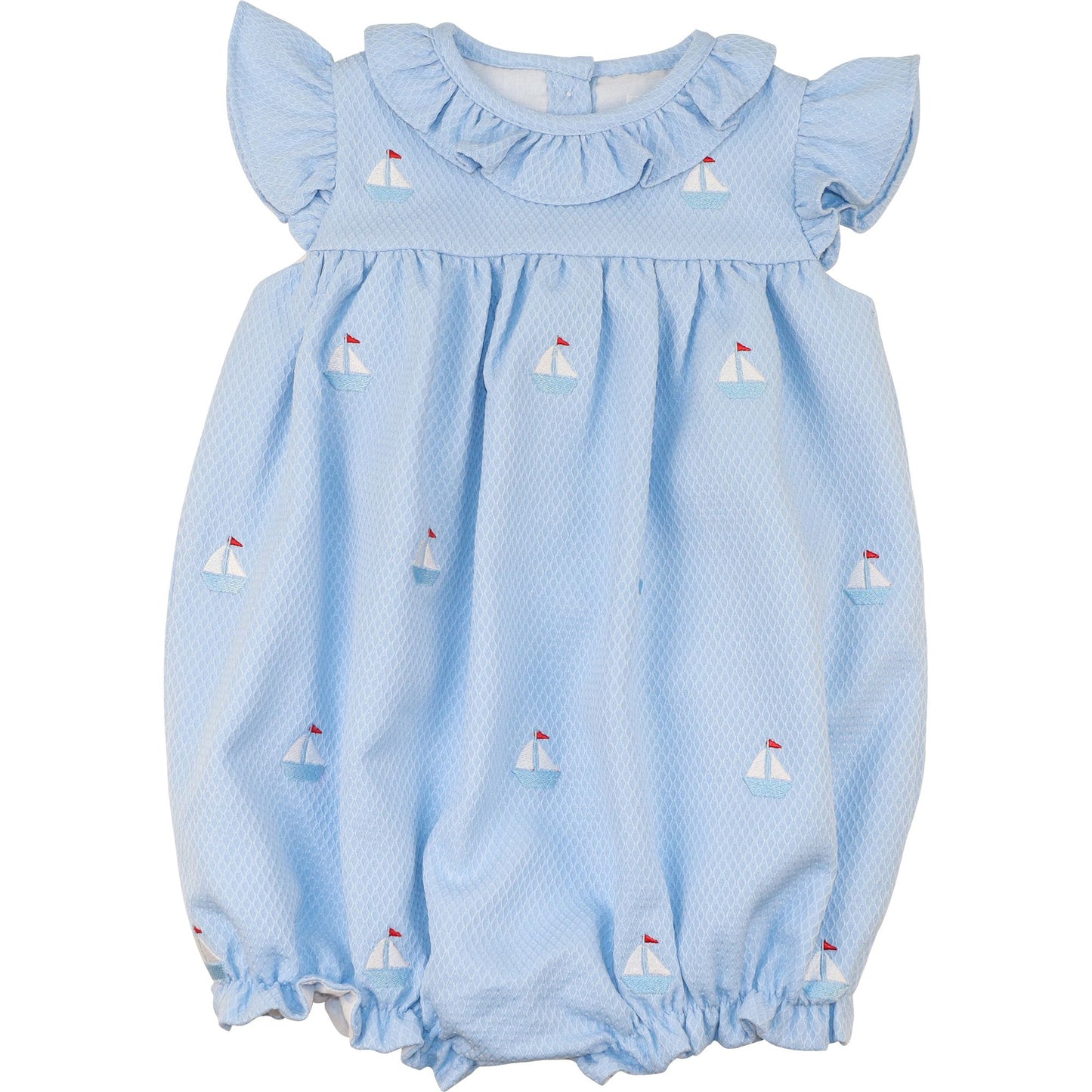 Blue Embroidered Sailboat Ruffle Bubble
