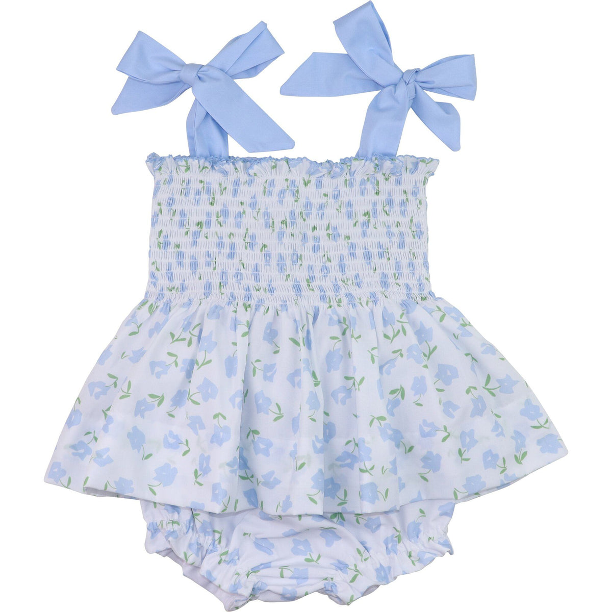 Blue Floral Shoulder Tie Smocked Diaper Set