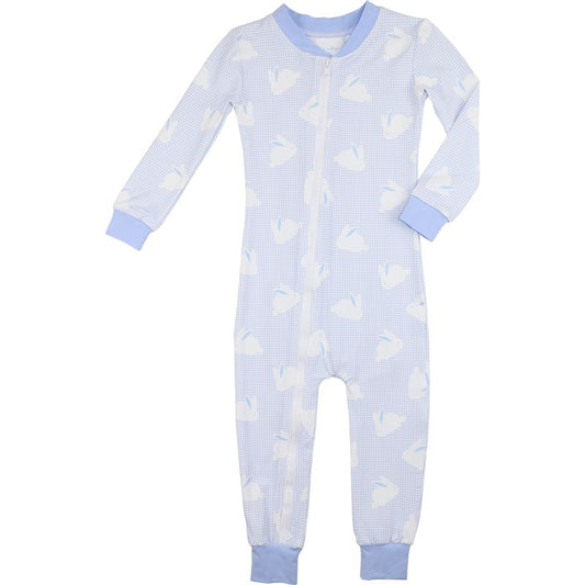 Blue Gingham Bunny Print Knit Zipper Pajamas