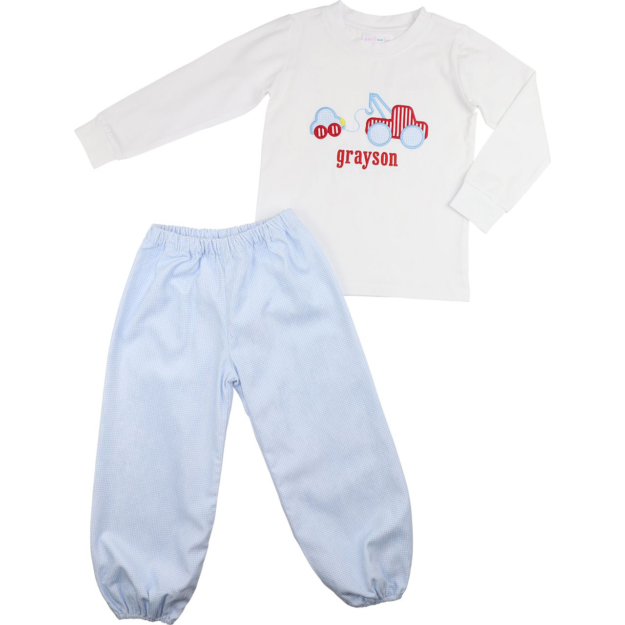 Blue Gingham Corduroy Applique Tow Truck Pant Set