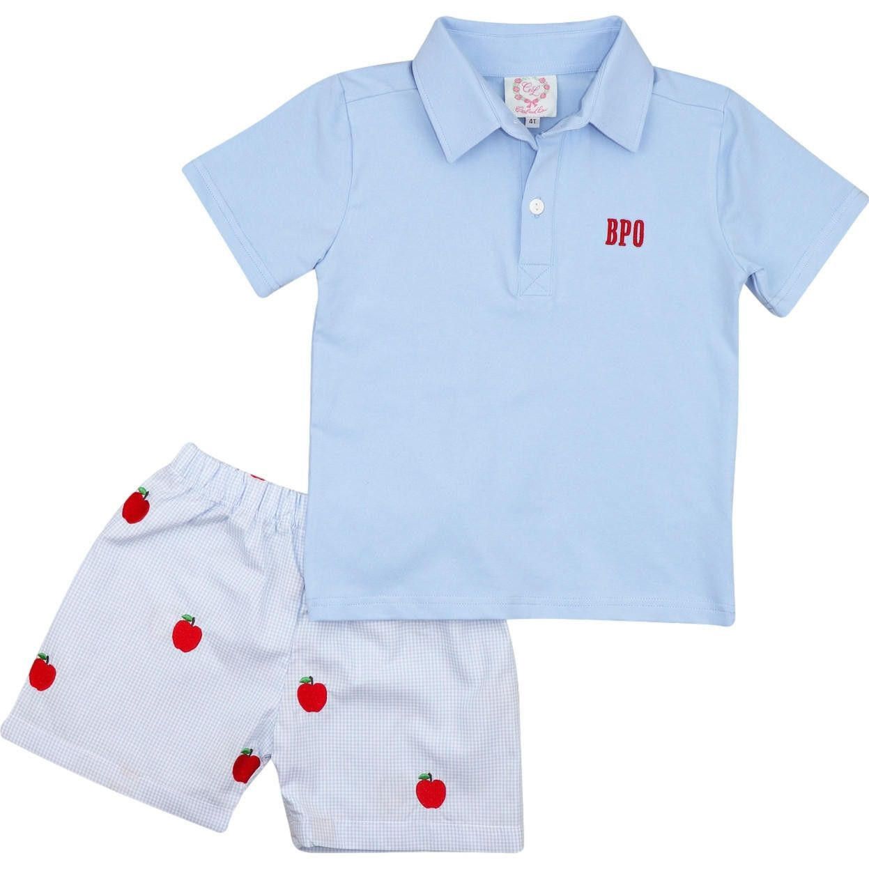 Blue Gingham Embroidered Apple Blue Polo Short Set