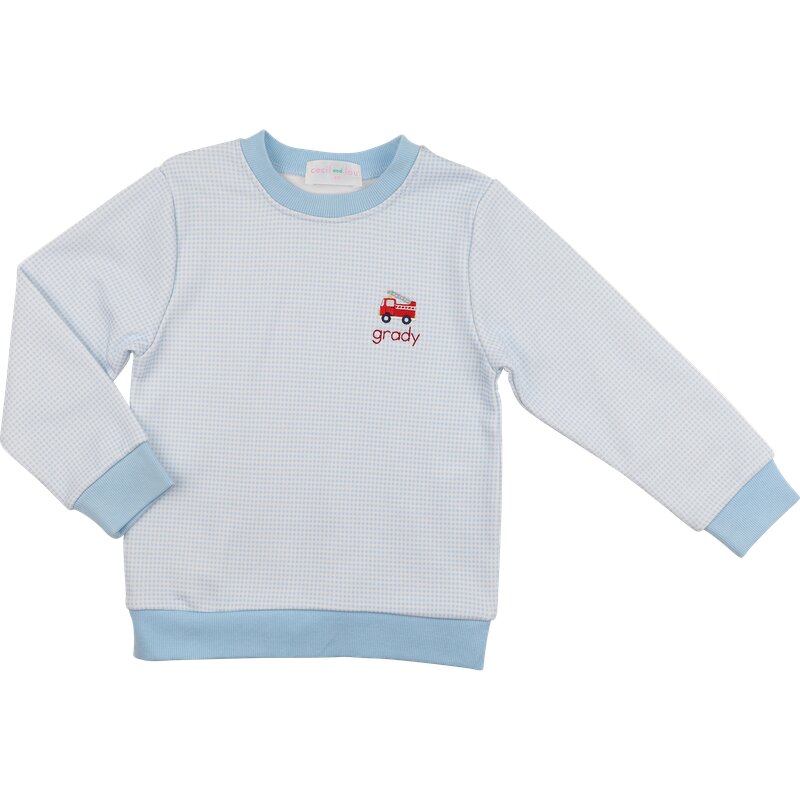 Blue Gingham Embroidered Firetruck Sweatshirt