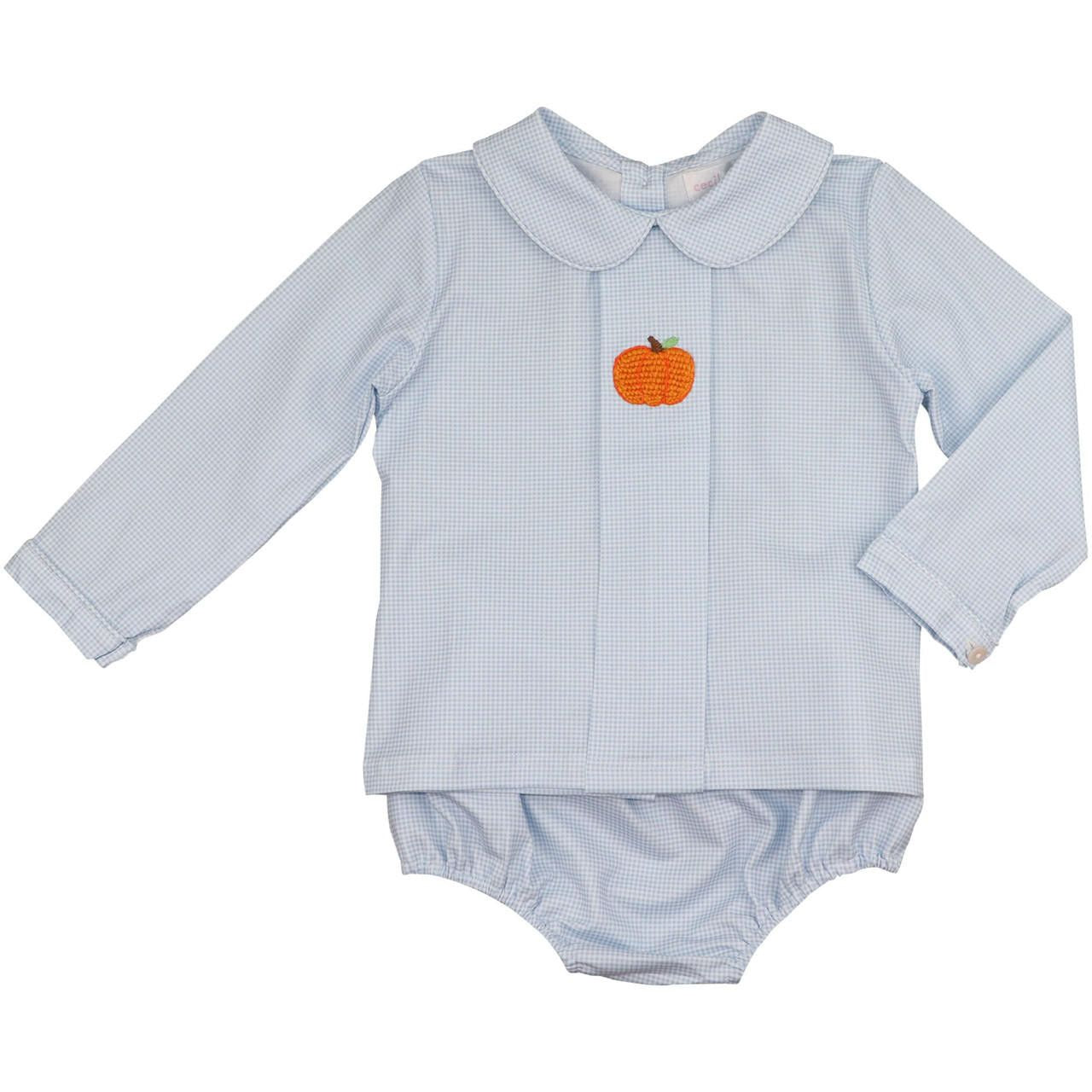 Baby outfit with blue checkered shirt and bloomers featuring a pumpkin design on a white background