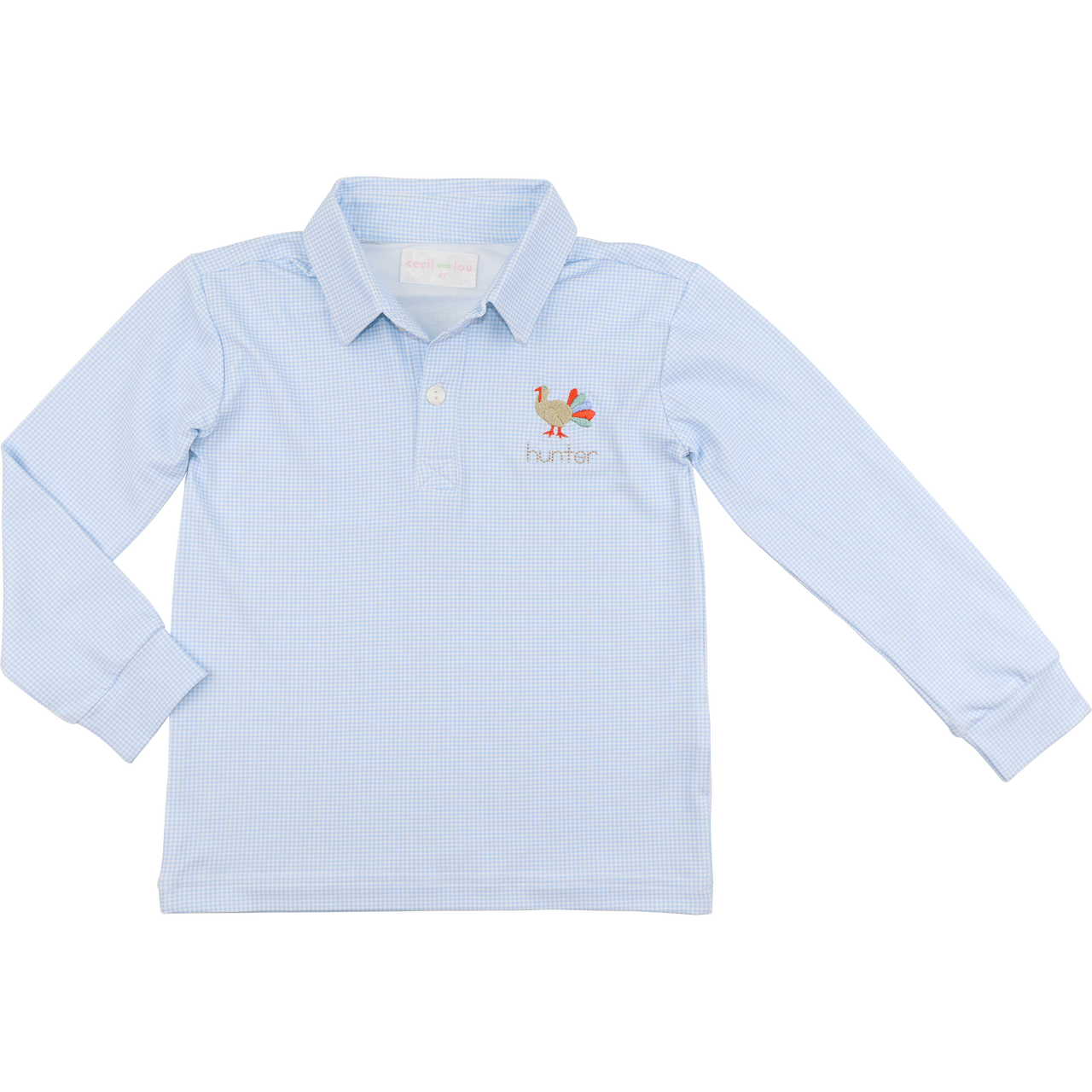 Blue Gingham Knit Embroidered Turkey Polo Shirt