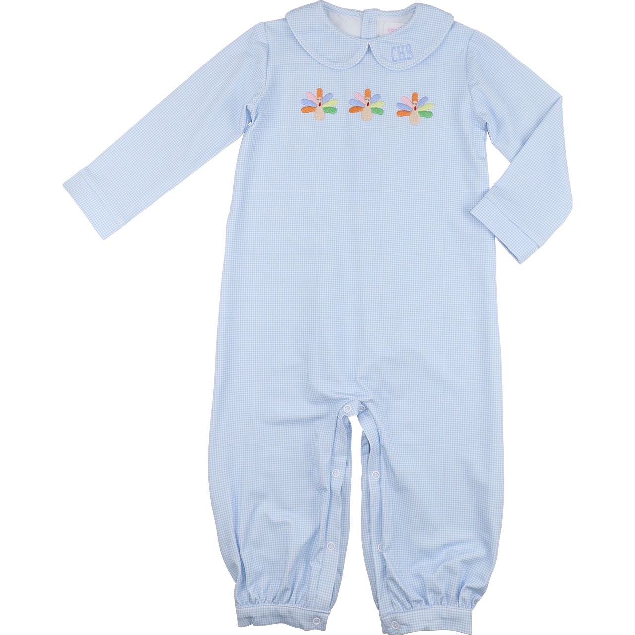 Light blue baby romper with embroidered design on a white background