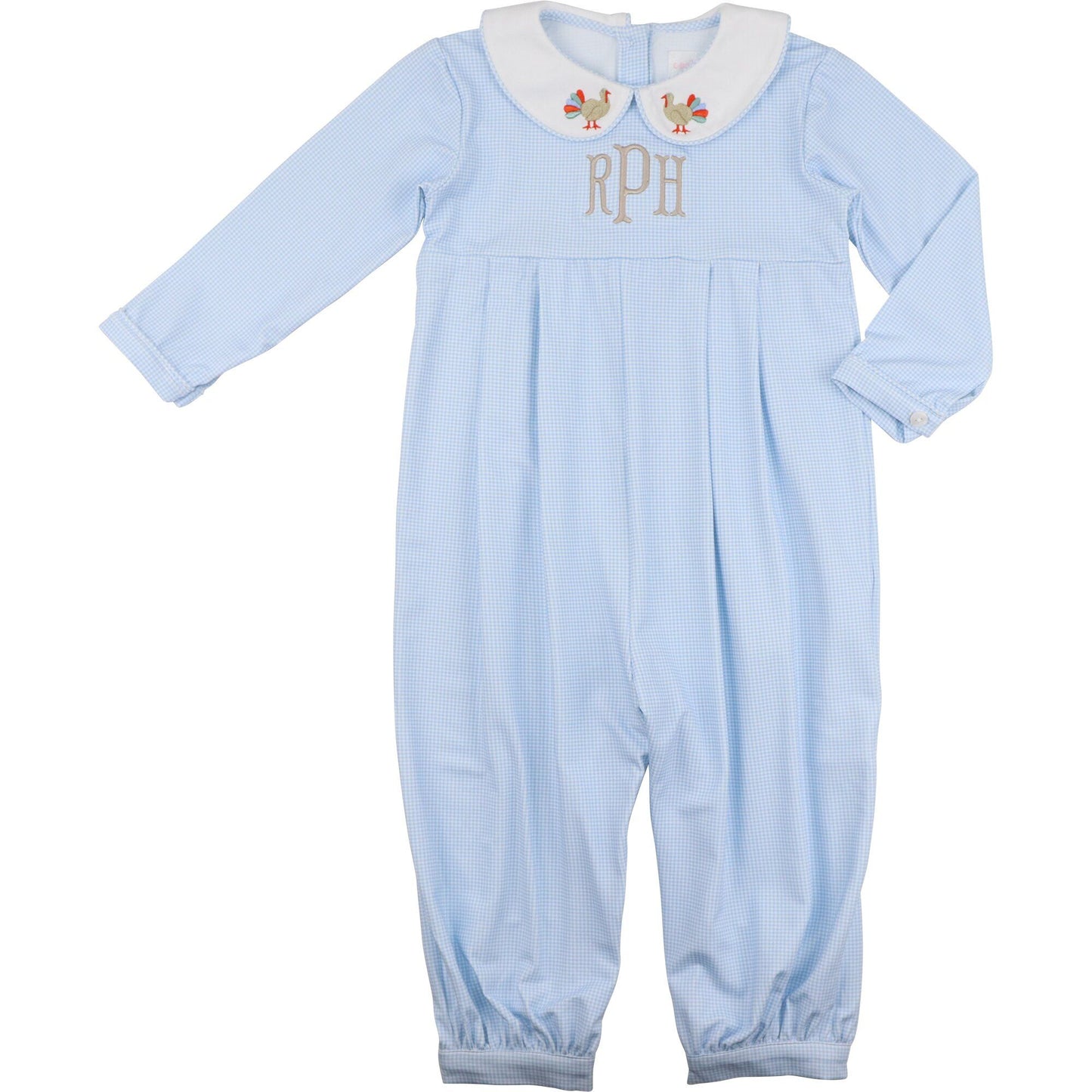 Blue Gingham Knit Embroidered Turkeys Long Romper