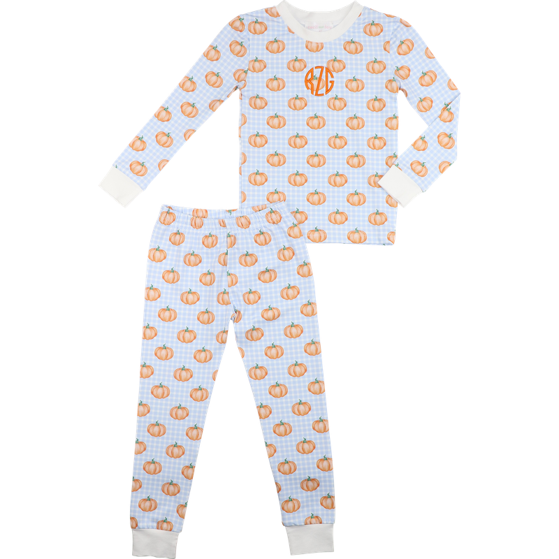 Blue gingham knit pumpkin print pajamas