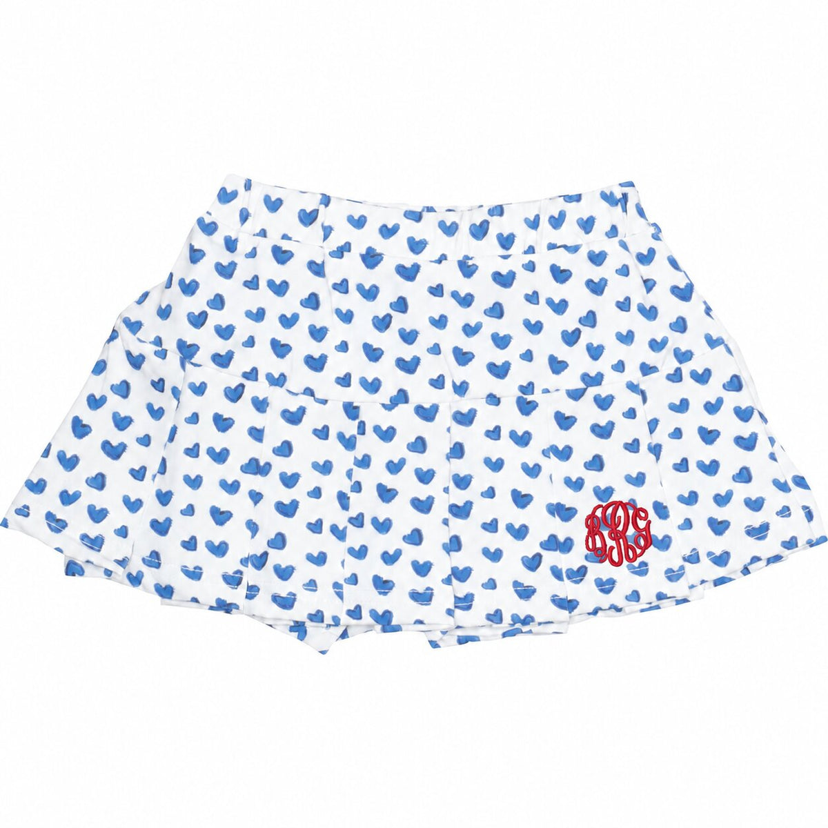 Blue Heart Print Knit Tennis Skirt with red monogram