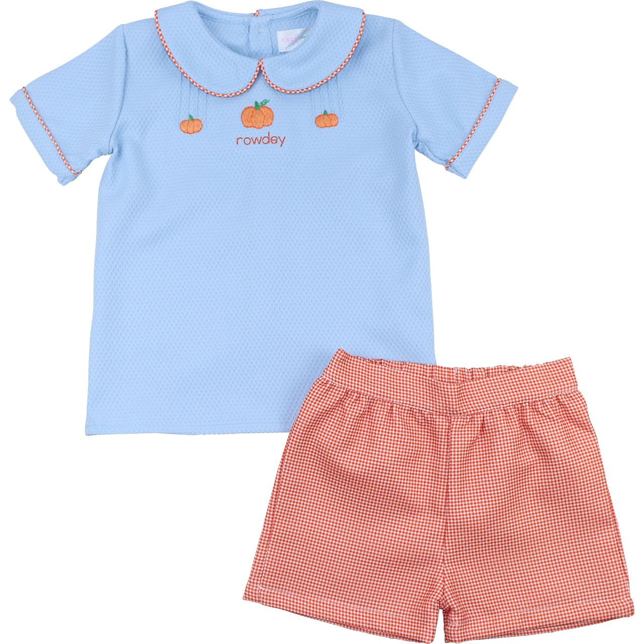 Boy outfit with blue shirt and orange checkered shorts on a white background