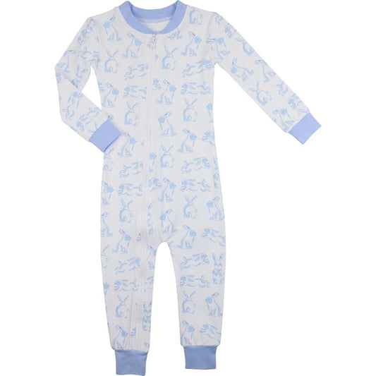 Blue Hopping Bunny Knit Zipper Pajamas