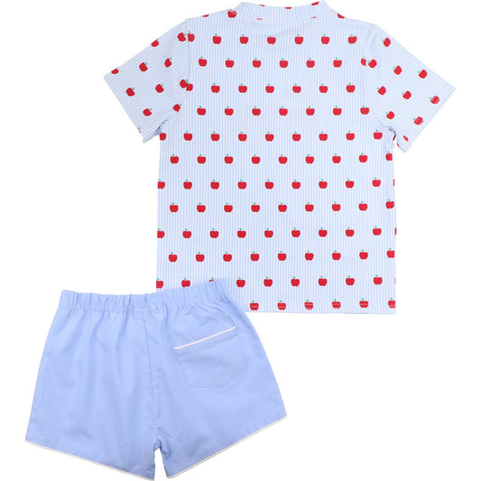 Blue Knit Apple Print Short Set Back
