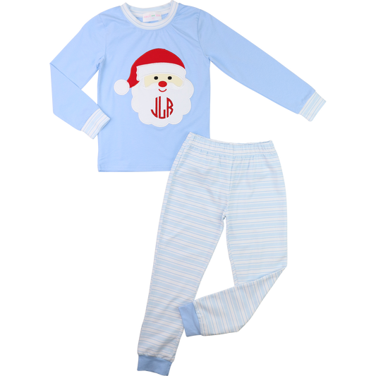 Blue Knit Applique Santa Pajamas