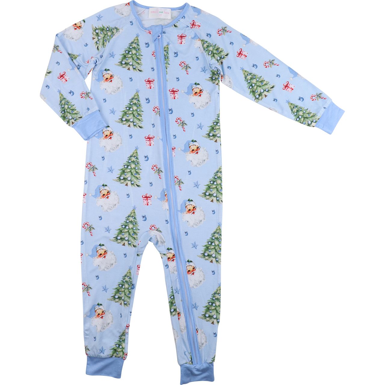 Blue Knit Bamboo Print Zipper Pajamas