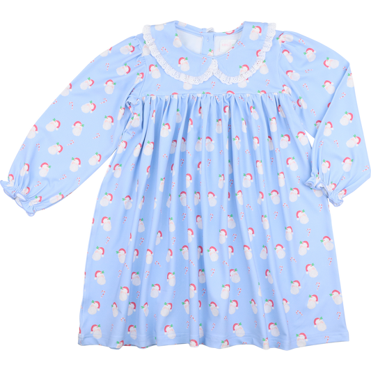 Blue Knit Santa Print Eyelet Dress