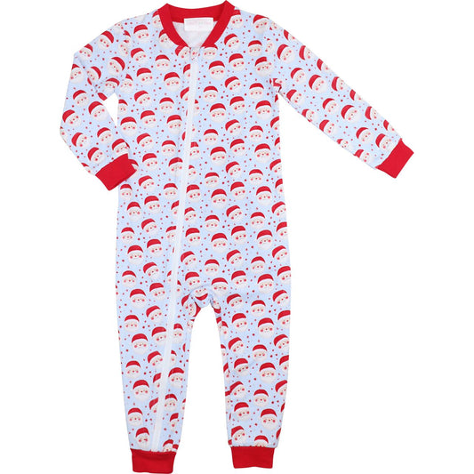 Blue Knit Santa Print Zipper Pajamas