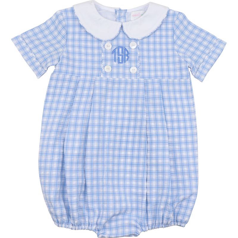 Blue checkered baby bubble with white collar on a white background