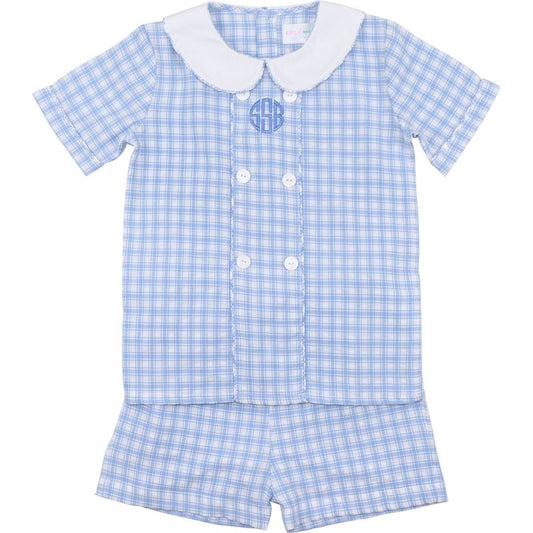 Blue checkered baby outfit with a collar on a white background