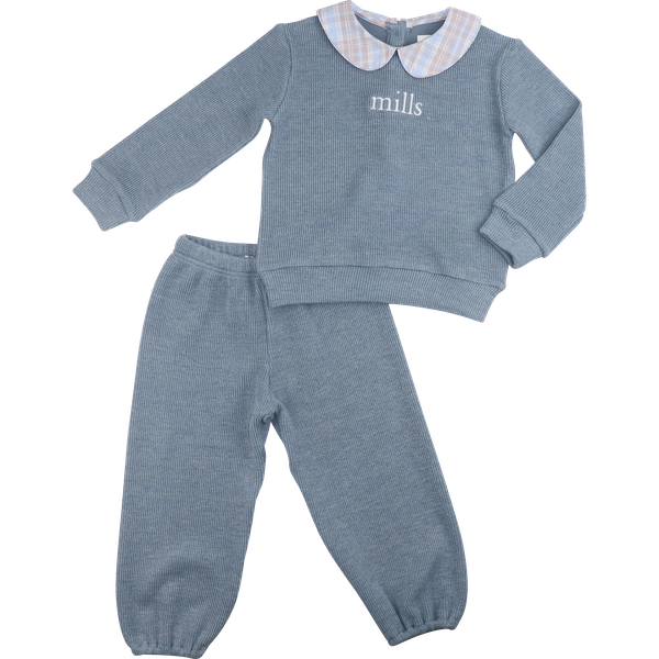 Blue Plaid Woven Sweater Pant Set