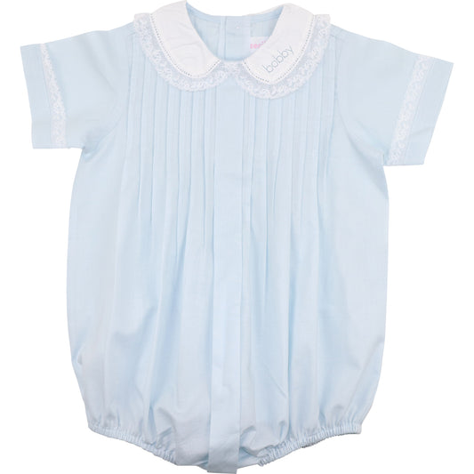 Light blue baby romper with white collar on a white background