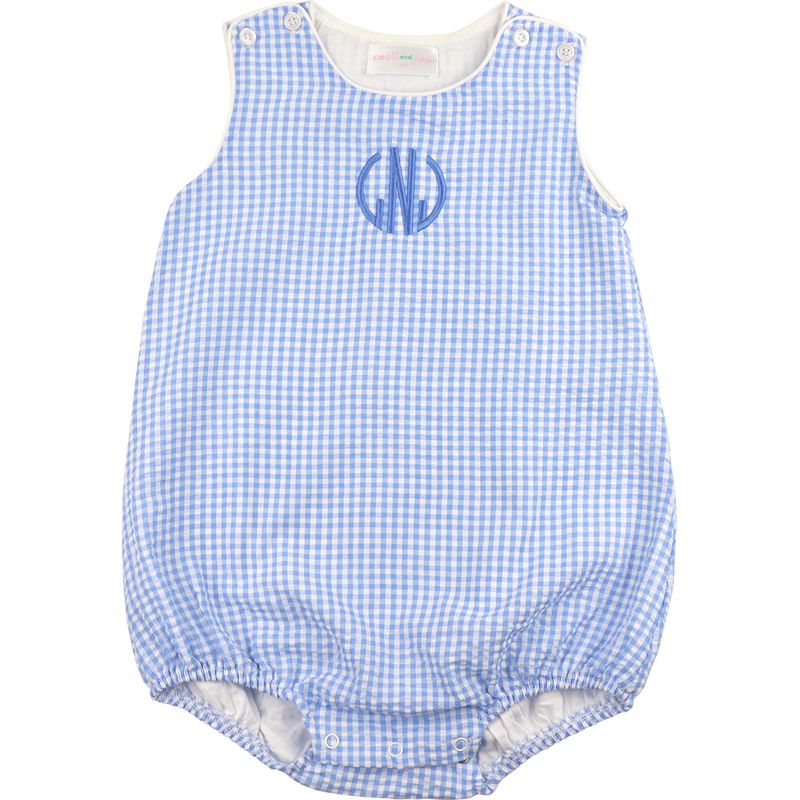 Blue checkered baby romper with a monogram on a white background