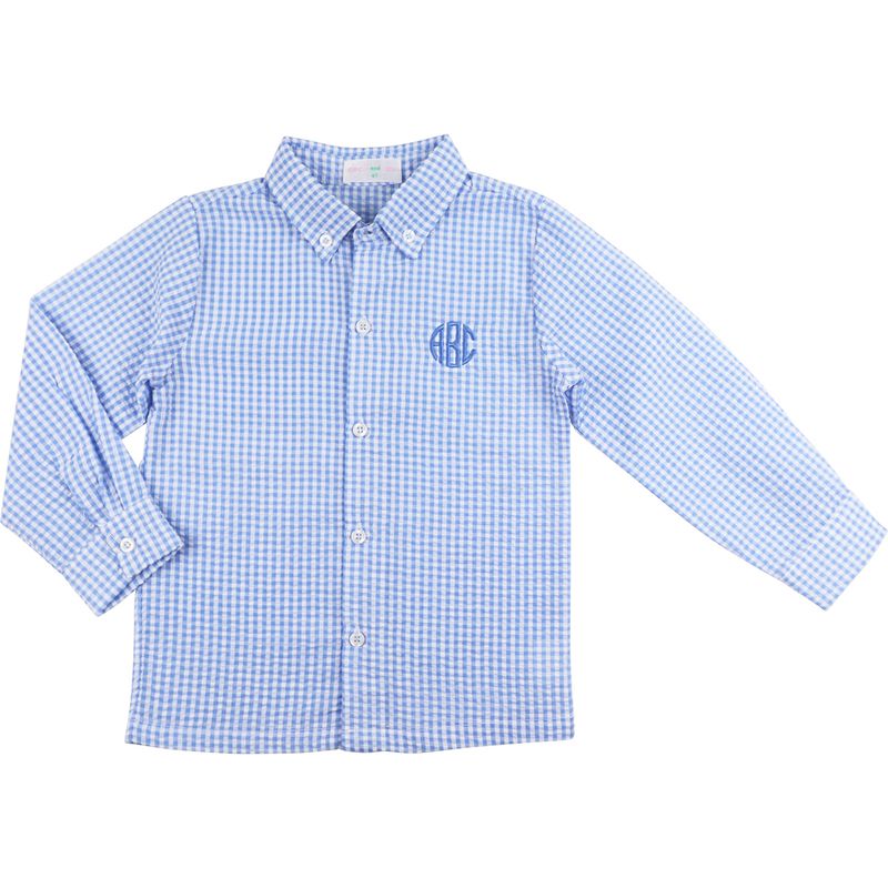 Blue checkered shirt with monogram on a white background