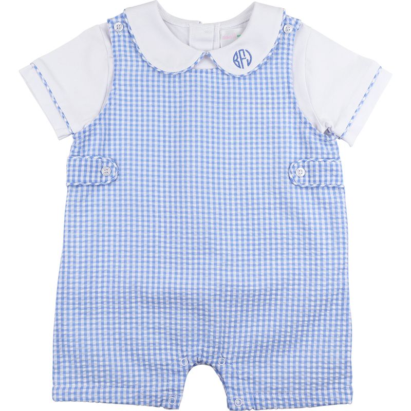 Blue checkered romper with white collar and sleeves on a white background