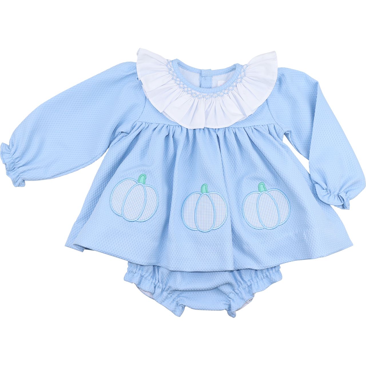 Blue Smocked Applique Pumpkin Diaper Set