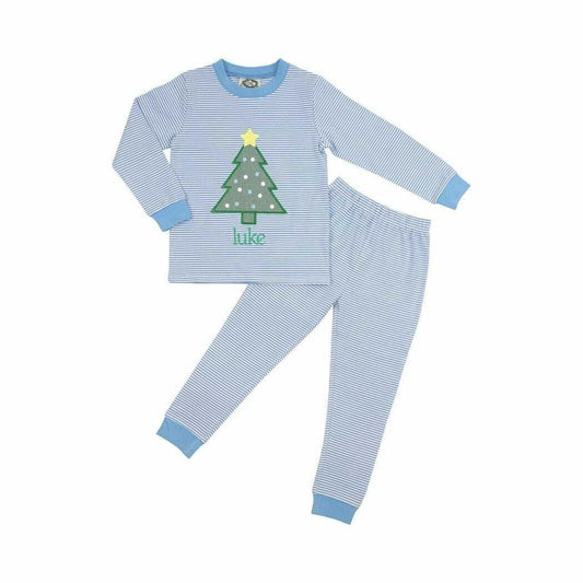 Blue Stripe Knit Applique Christmas Tree Pajamas