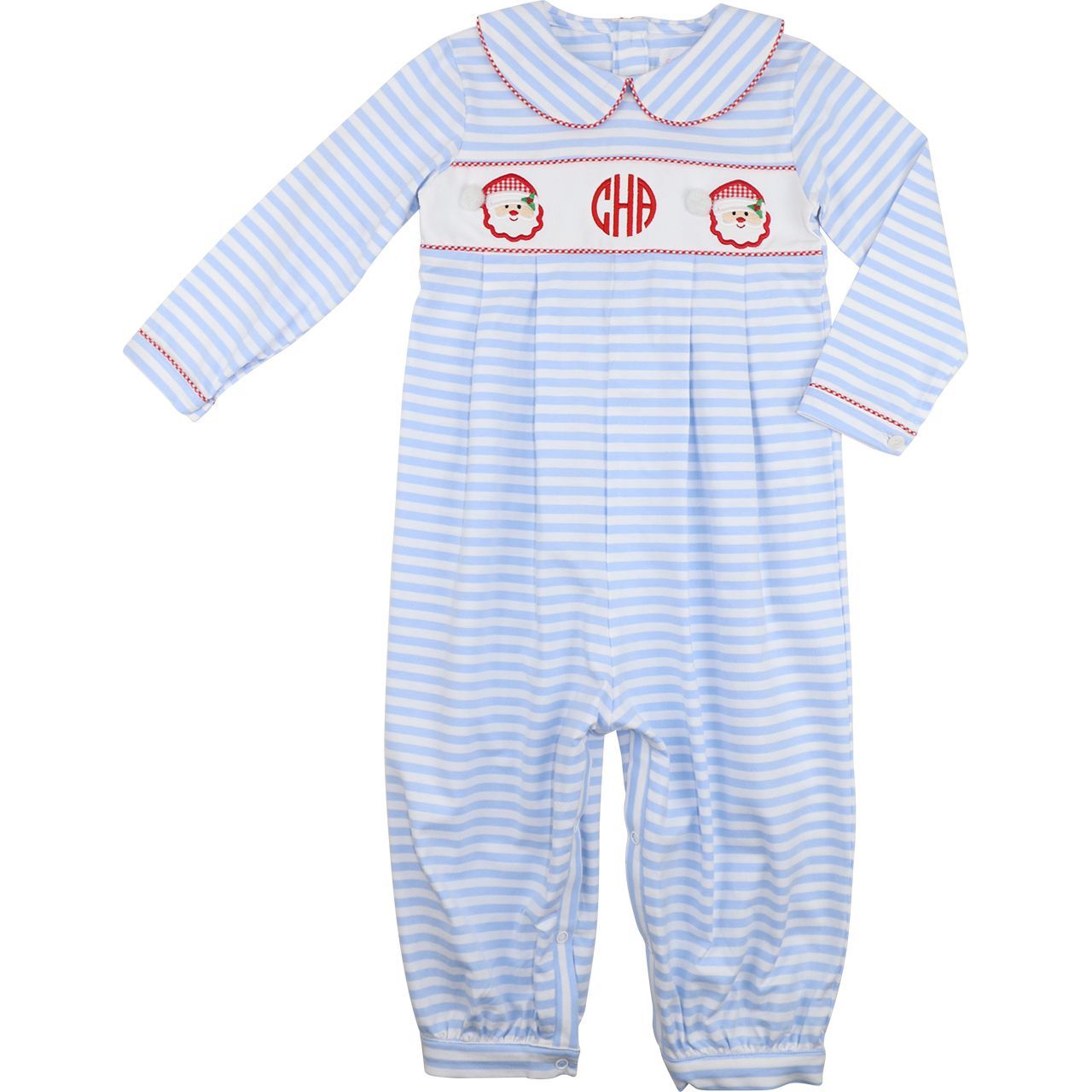 Blue Stripe Knit Applique Santa Long Romper