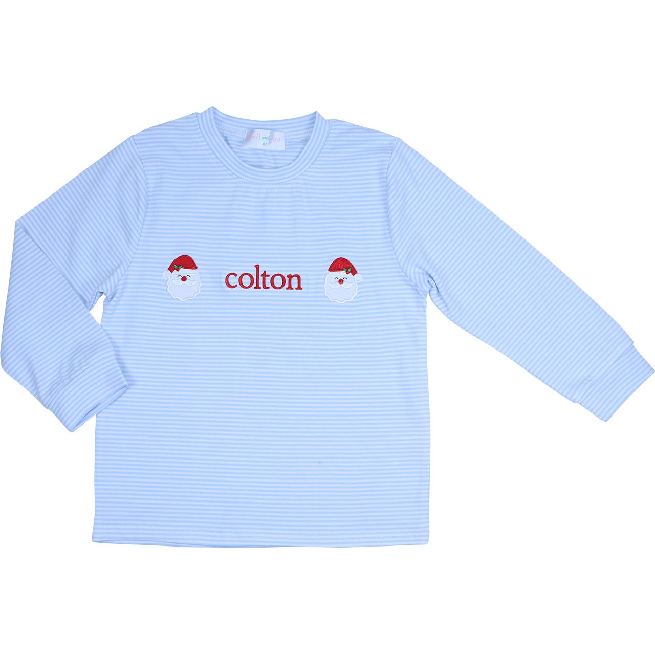 Blue Stripe Knit Applique Santa Shirt