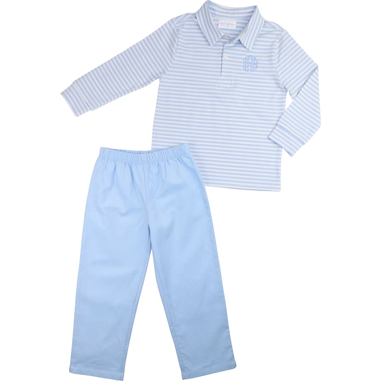 Blue Stripe Knit Polo Pant Set
