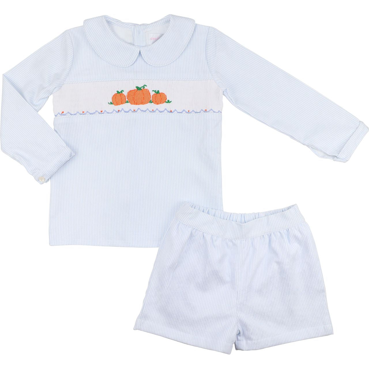 Boy outfit with long-sleeve top and shorts featuring embroidered pumpkins on a white background