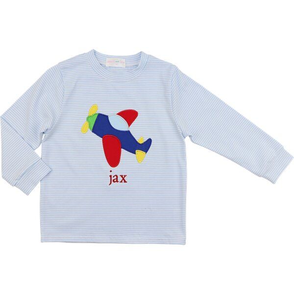Blue Striped Knit Applique Airplane Shirt