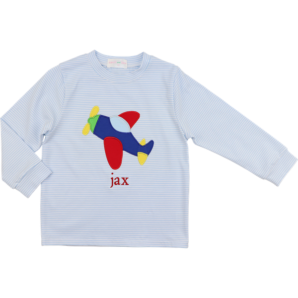 Blue Striped Knit Applique Airplane Shirt