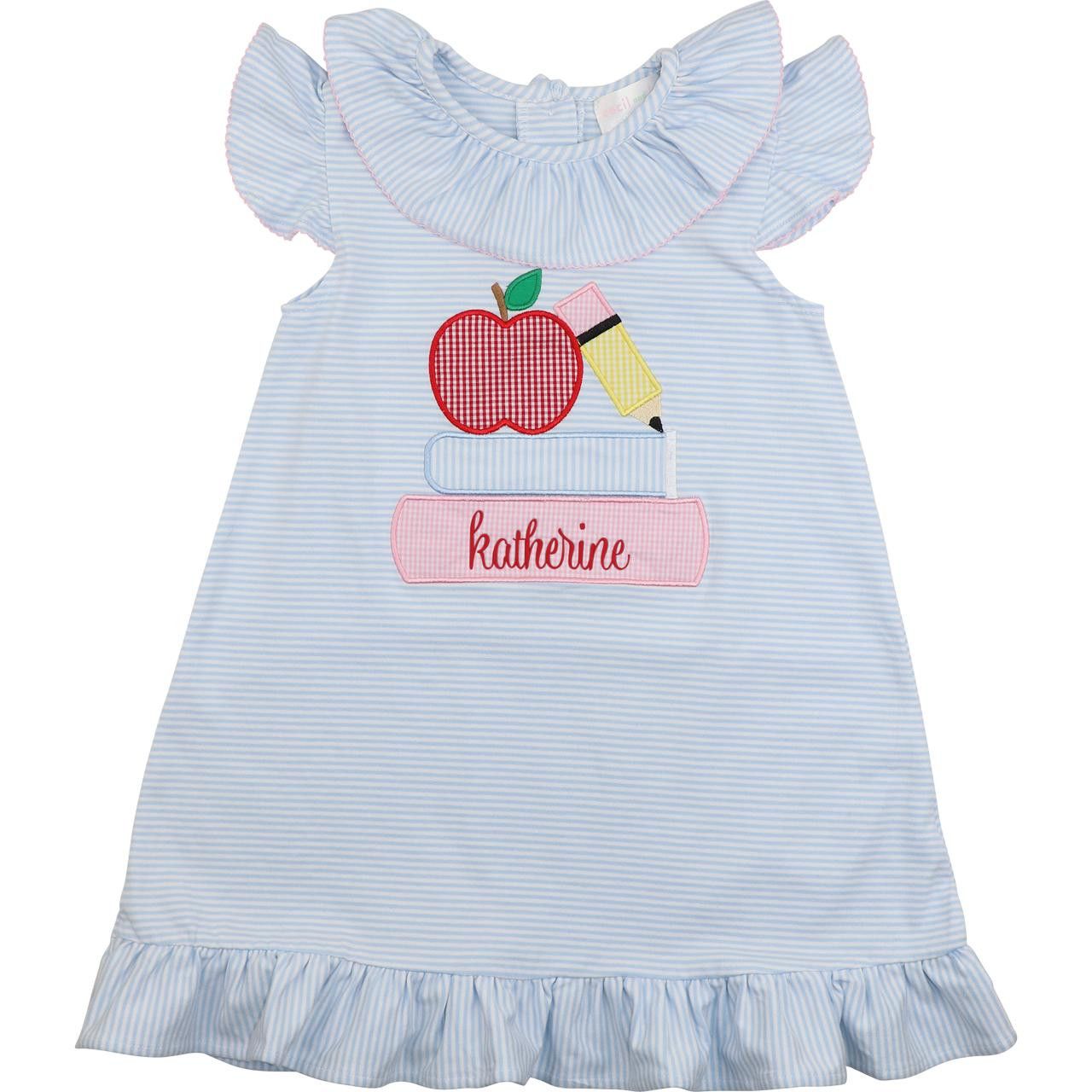 Blue Striped Knit Applique Books And Apple Dress