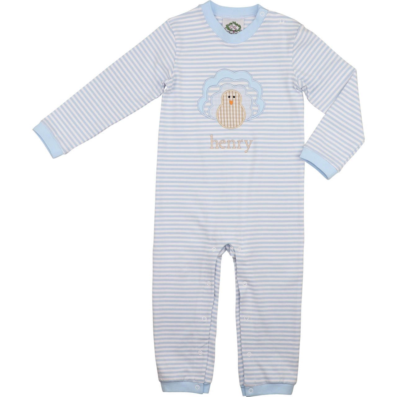 Blue Striped Knit Applique Turkey Long Romper