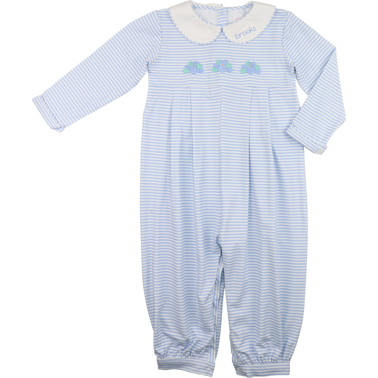 Blue Striped Knit Embroidered Turkeys Long Romper