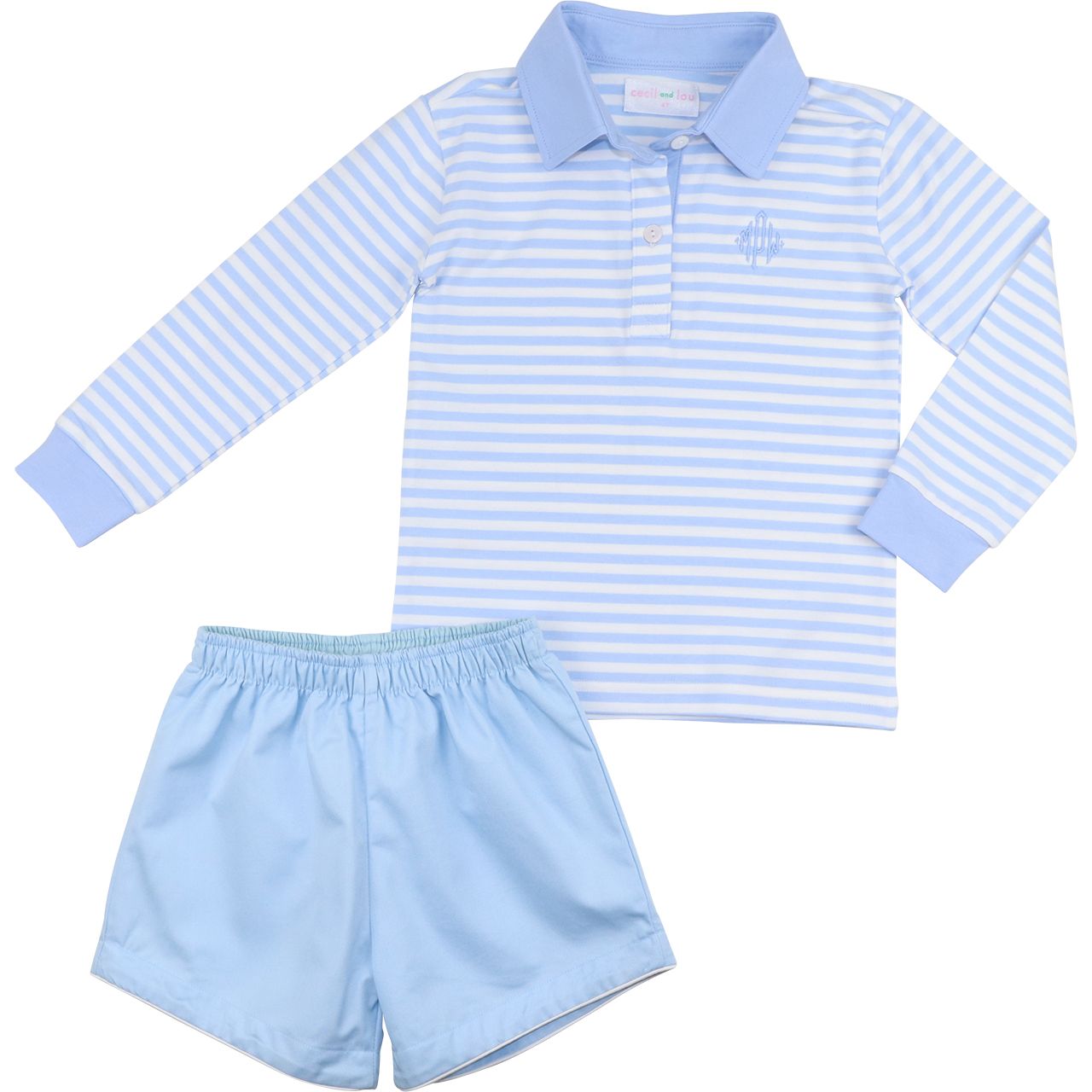 Blue Striped Knit Polo Short Set