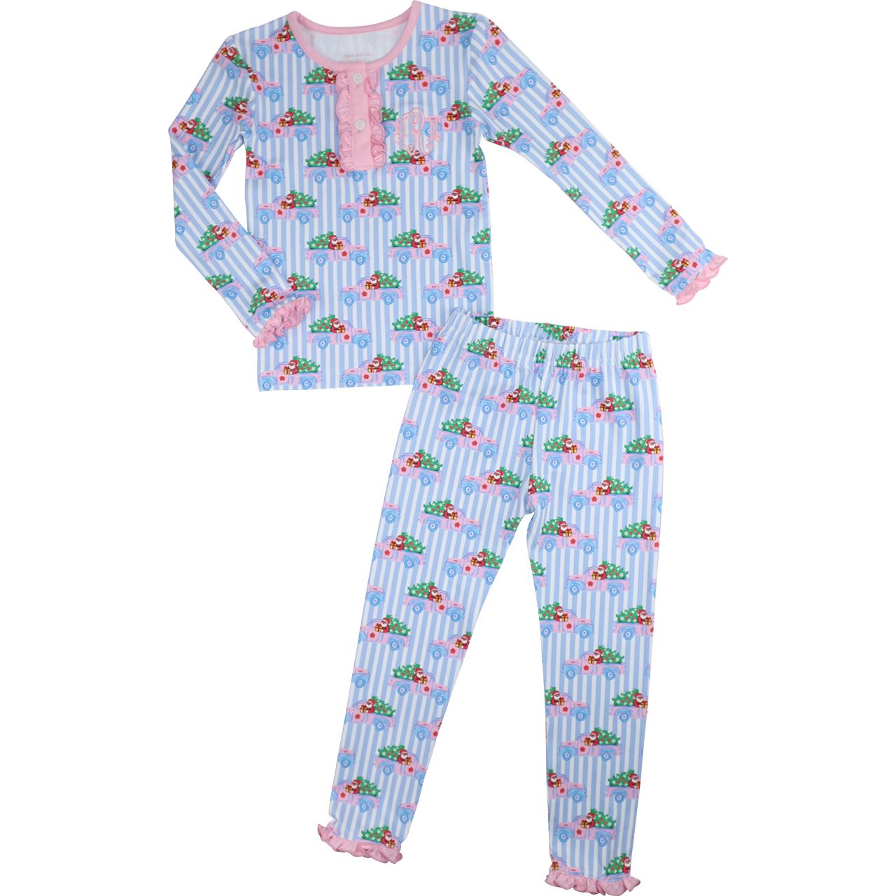 Blue Striped Santa Truck Knit Pajamas