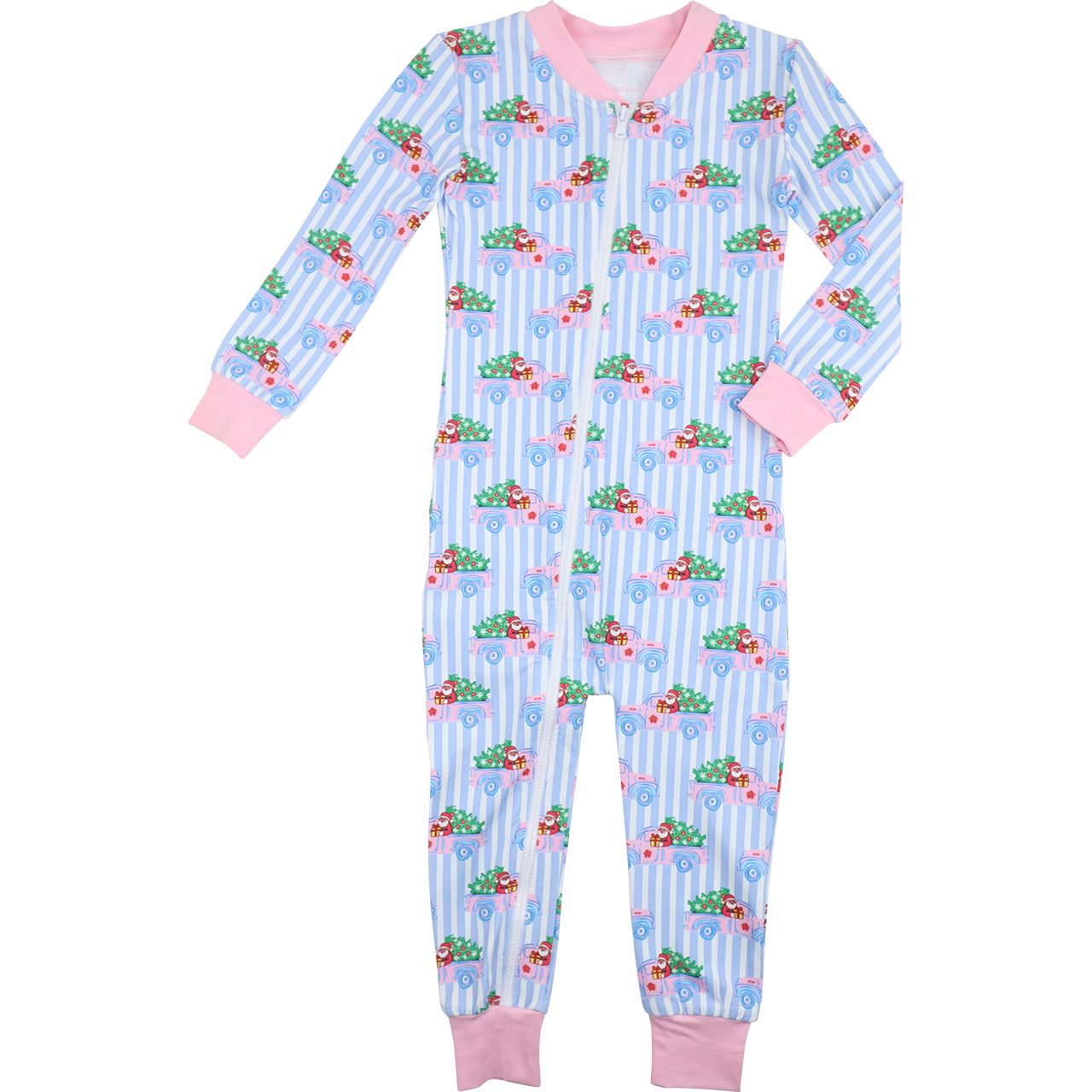 Blue Striped Santa Truck Knit Zipper Pajamas