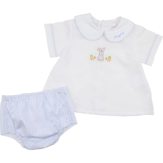 Blue Windowpane Shadow Embroidered Bunny Diaper Set