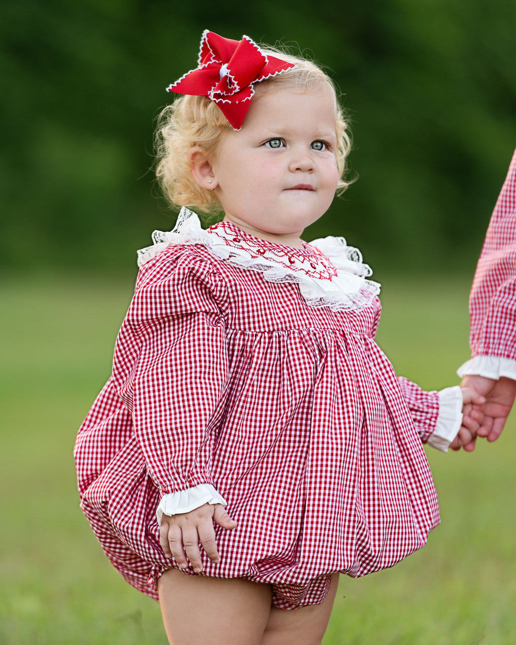 Red Gingham Smocked Ruffle Collar Bubble