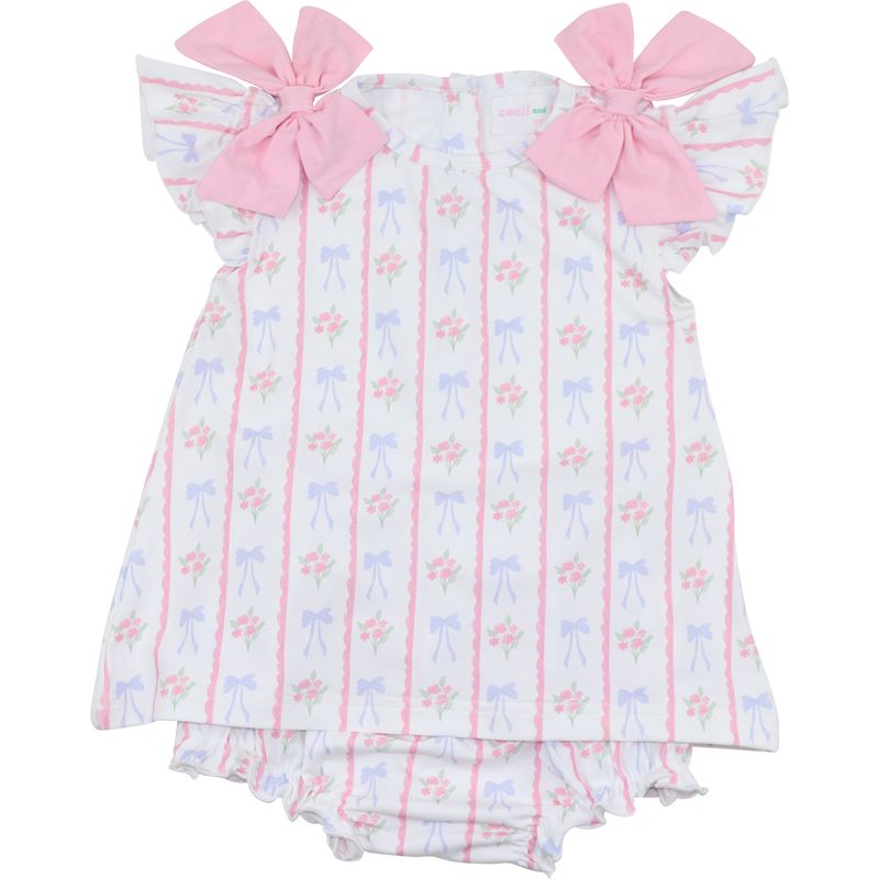 Baby romper with pink bows and floral pattern on a white background