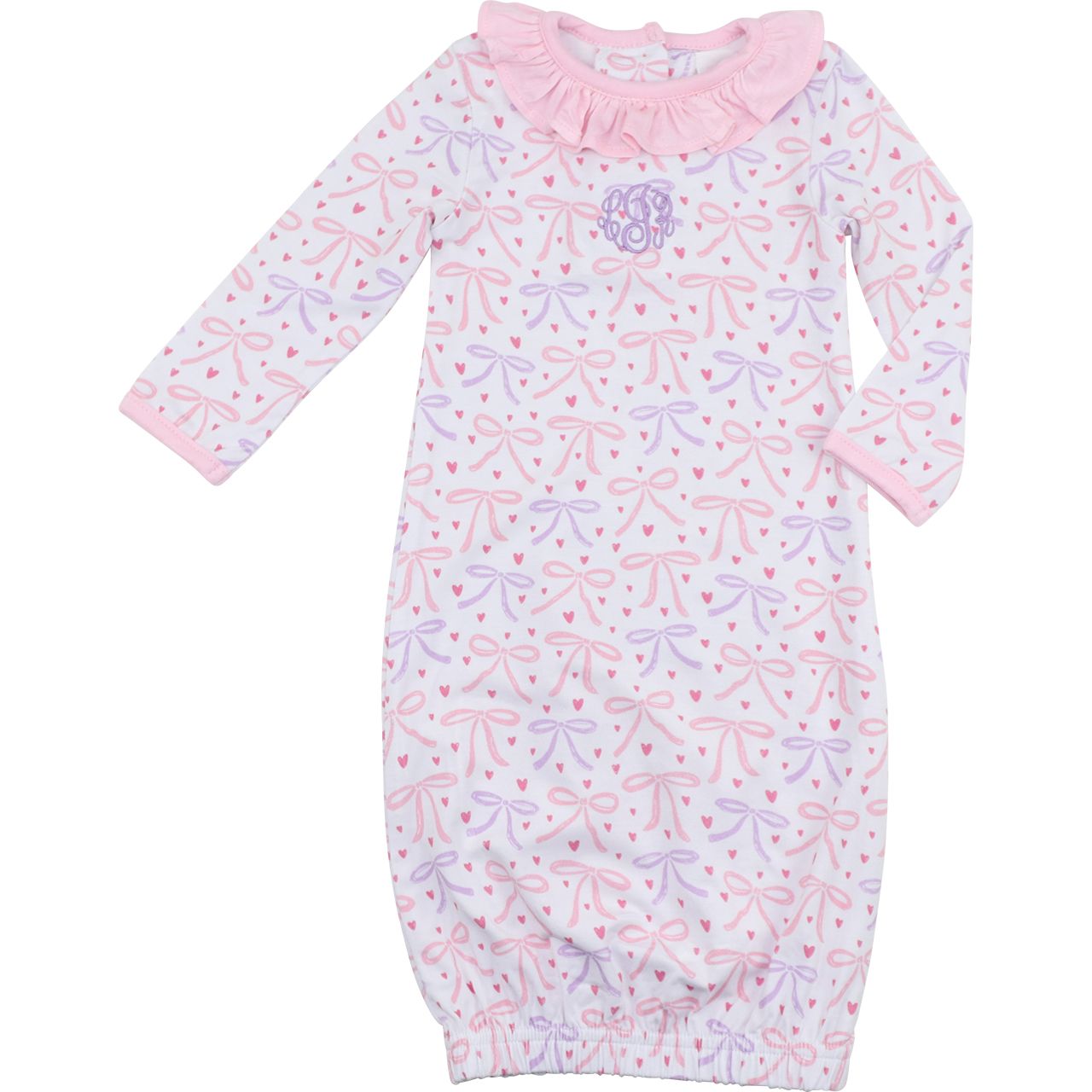 Baby girl bamboo gown with pink and lavender bow print, ruffle collar, elastic hem, and lavender chest monogram, size NB.