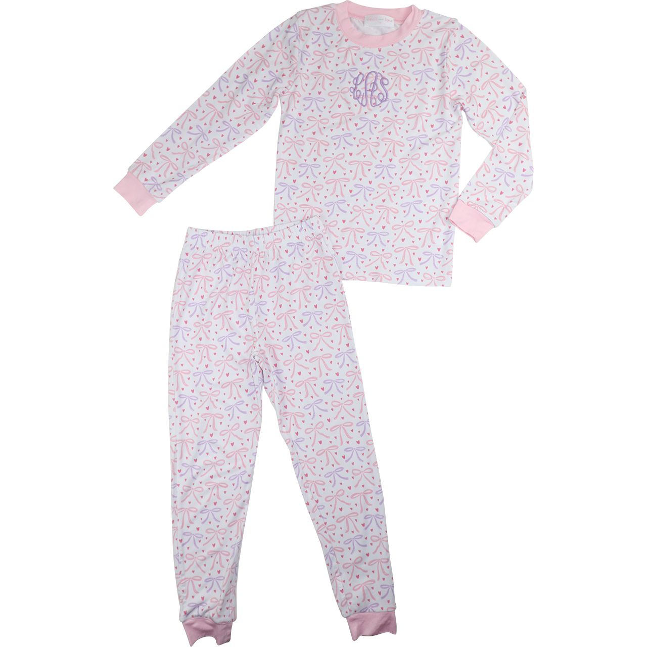 Girls bamboo pajamas, pink and lavender bow print, two-piece long sleeve set with cuffed pants.