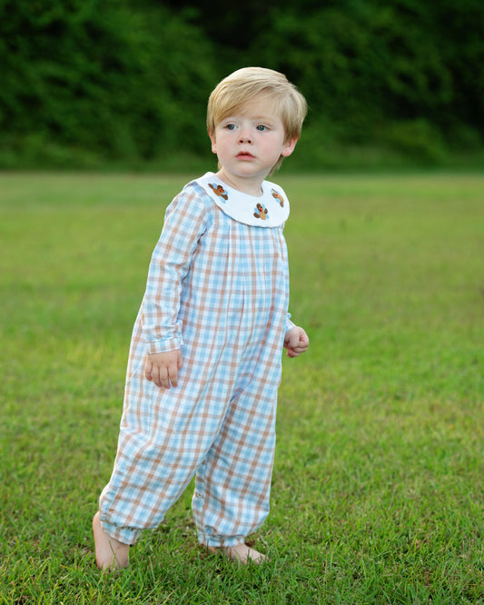 Boy Wearing Blue And Brown Check Embroidered Turkeys Long Romper