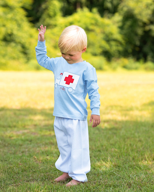Boy in Blue Dot Applique Ambulance Pant Set