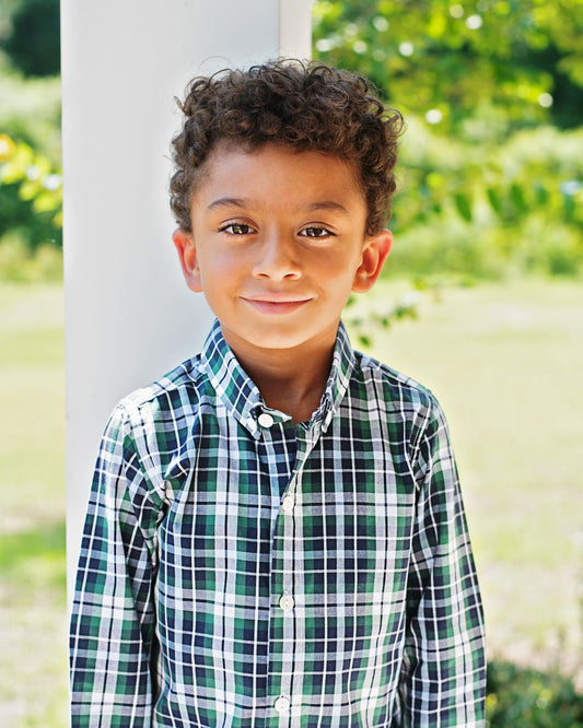 Boy in Green And Navy Plaid Button Down Shirt