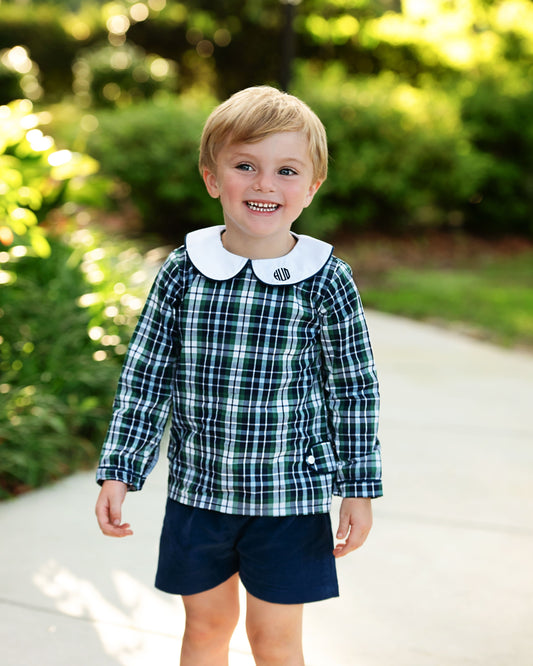 Boy in Green And Navy Plaid Short Set